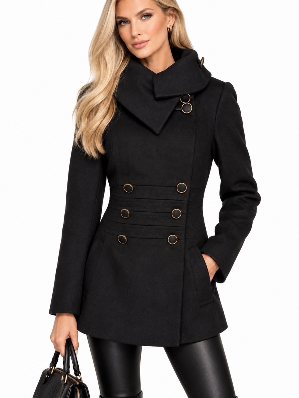 Reiss Black Double-Breasted Military-Inspired Pea Coat. Size M